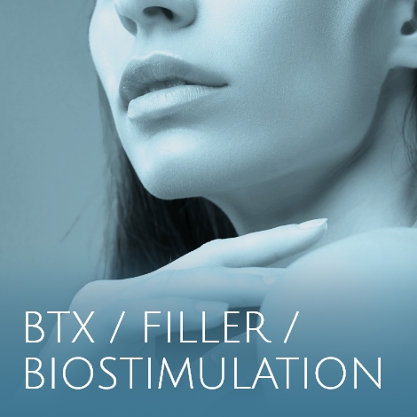 Die untere Gesichtspartie einer Person mit der Aufschrift "BTX / Filler / Biostimulation"