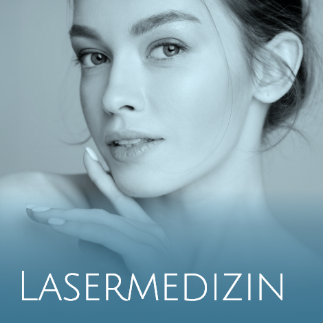 Eine junge Frau blickt in die Kamera mit der Aufschrift "Lasermedizin"